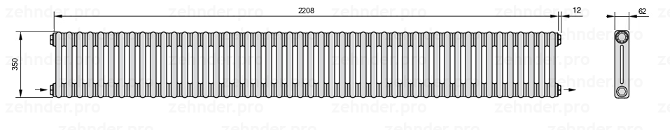 Схема (чертеж) Радиатор Zehnder Charleston 2035/48 №2670 Белый глянцевый RAL 9016